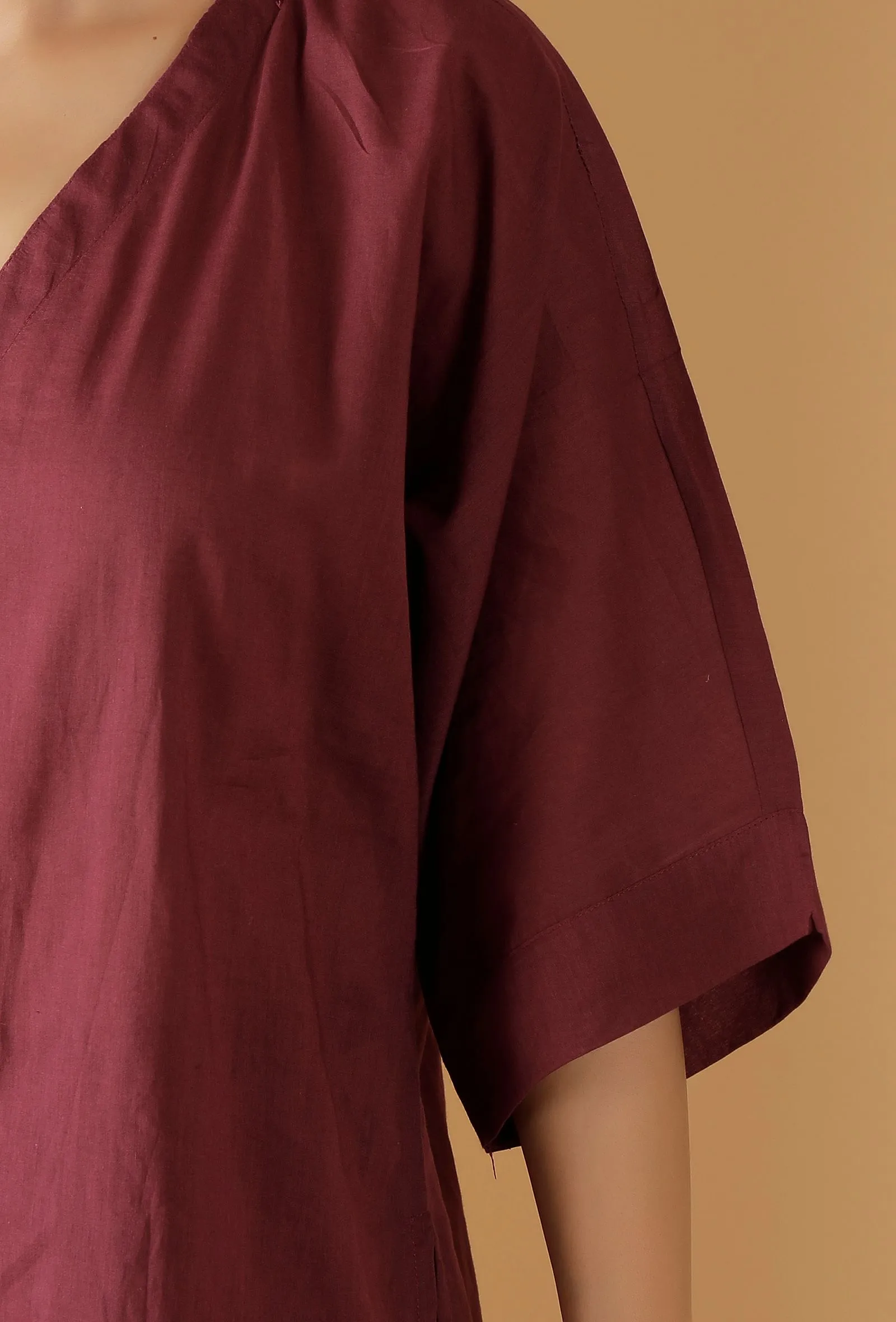 Set Of 2: Mulmul Cotton Plum Button Down Shirt And Ruched Pants