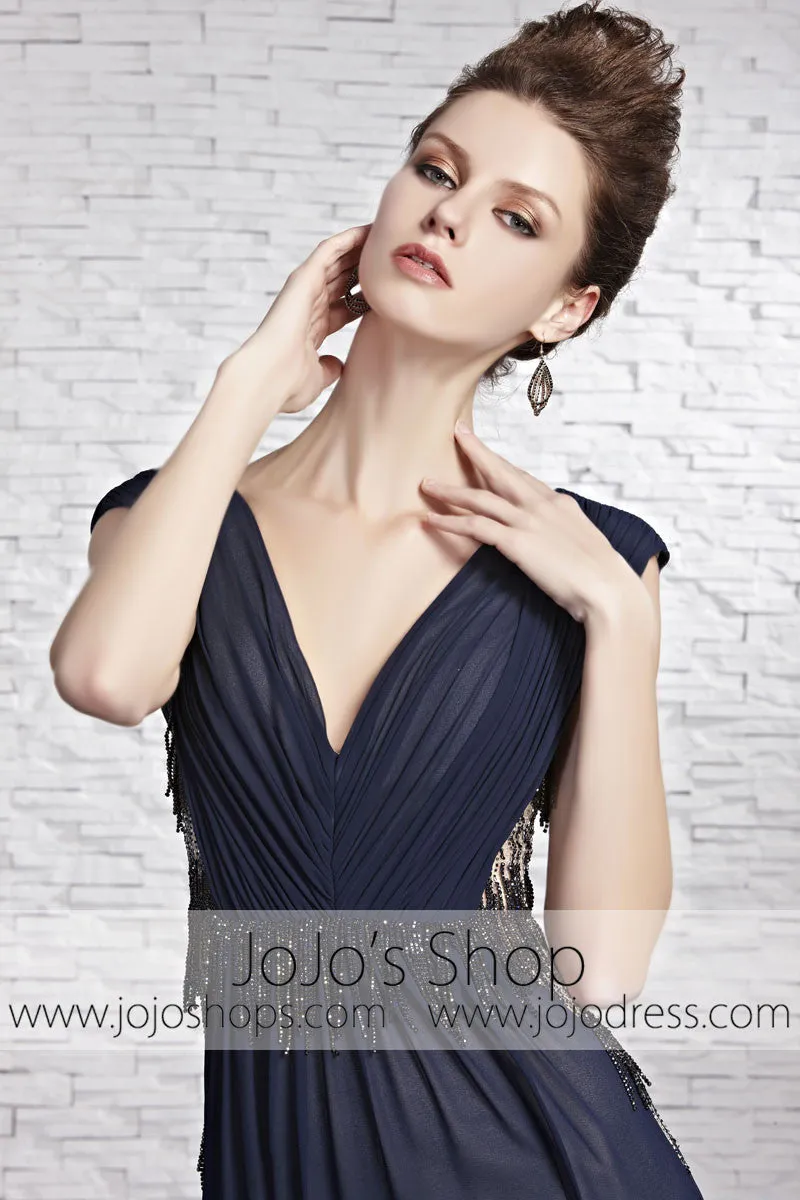 Sophisticated Navy Blue Dress Award Designer V Neck Evening Formal Dress CX881609