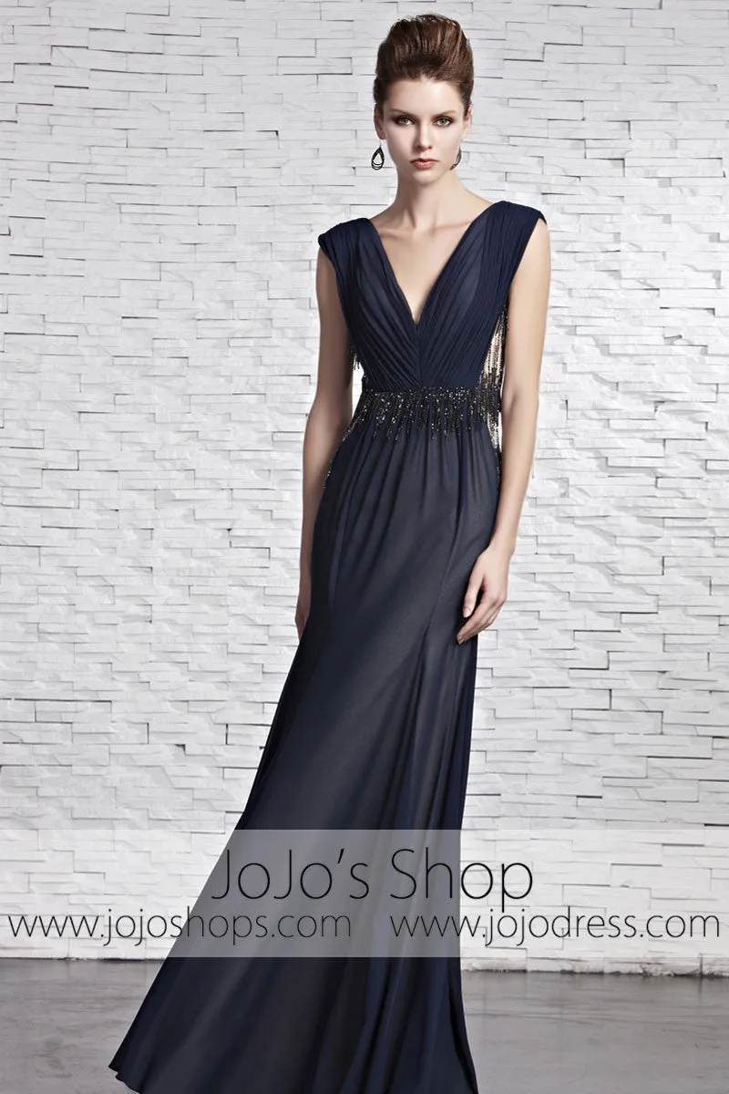 Sophisticated Navy Blue Dress Award Designer V Neck Evening Formal Dress CX881609