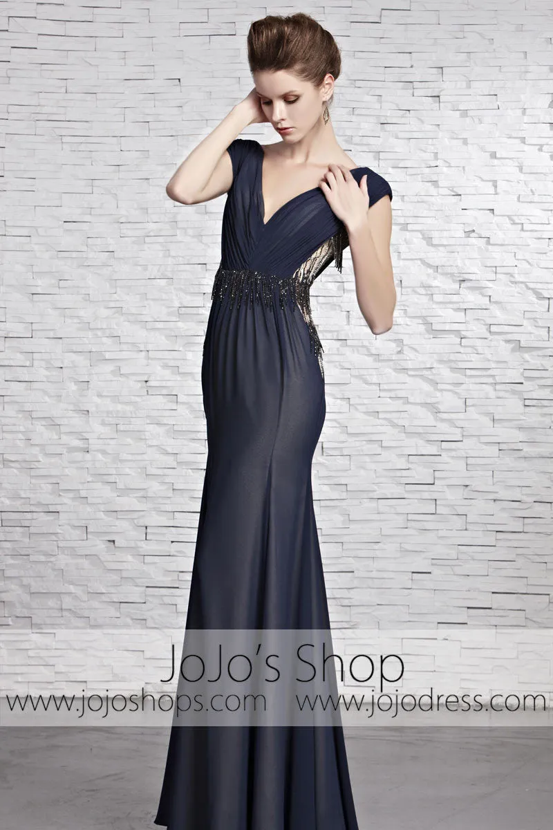 Sophisticated Navy Blue Dress Award Designer V Neck Evening Formal Dress CX881609