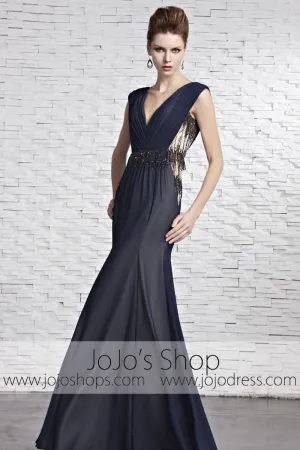 Sophisticated Navy Blue Dress Award Designer V Neck Evening Formal Dress CX881609