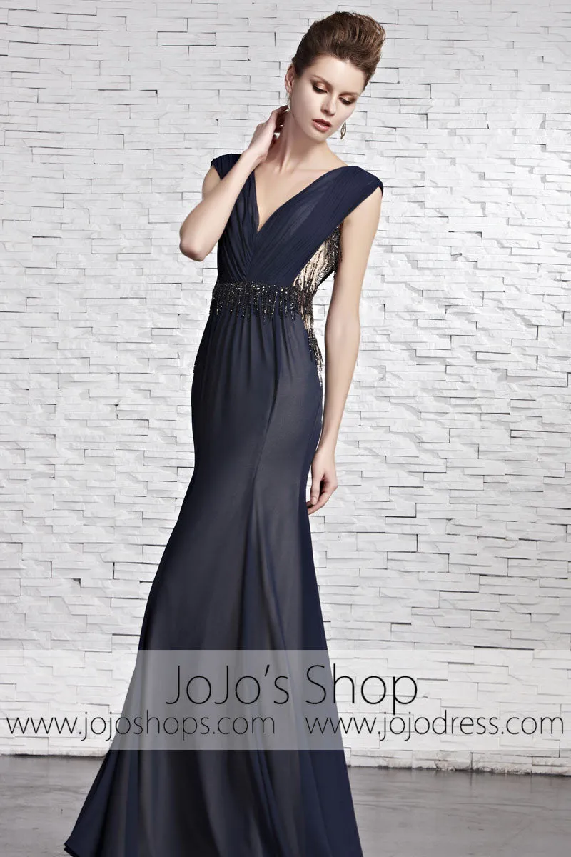 Sophisticated Navy Blue Dress Award Designer V Neck Evening Formal Dress CX881609