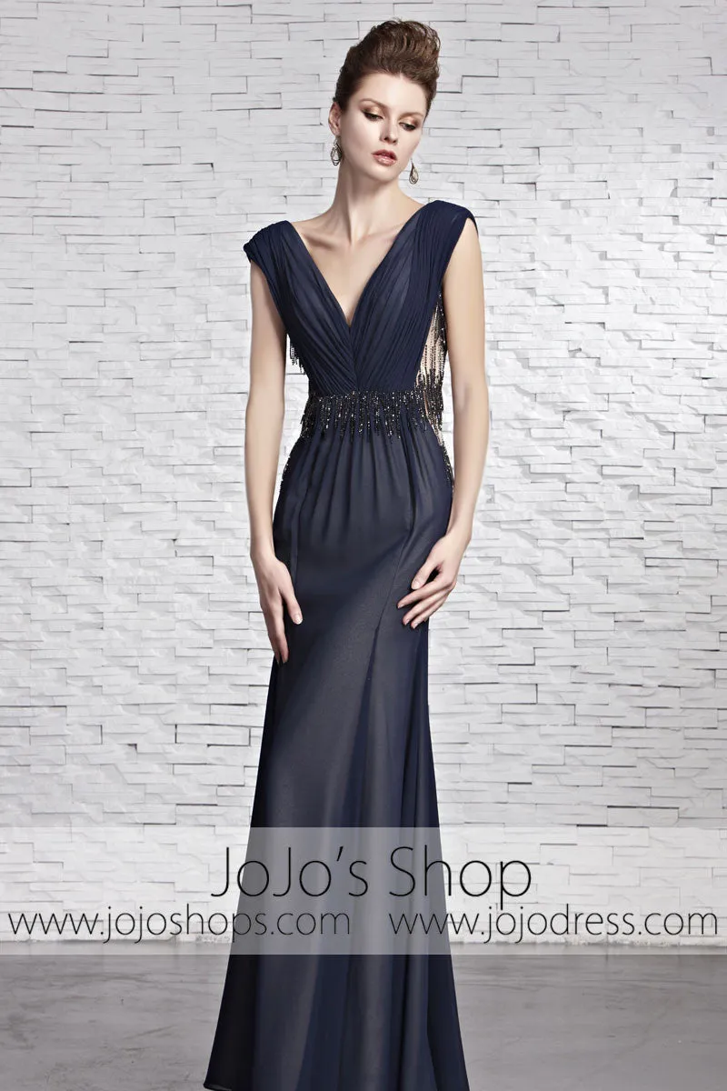 Sophisticated Navy Blue Dress Award Designer V Neck Evening Formal Dress CX881609