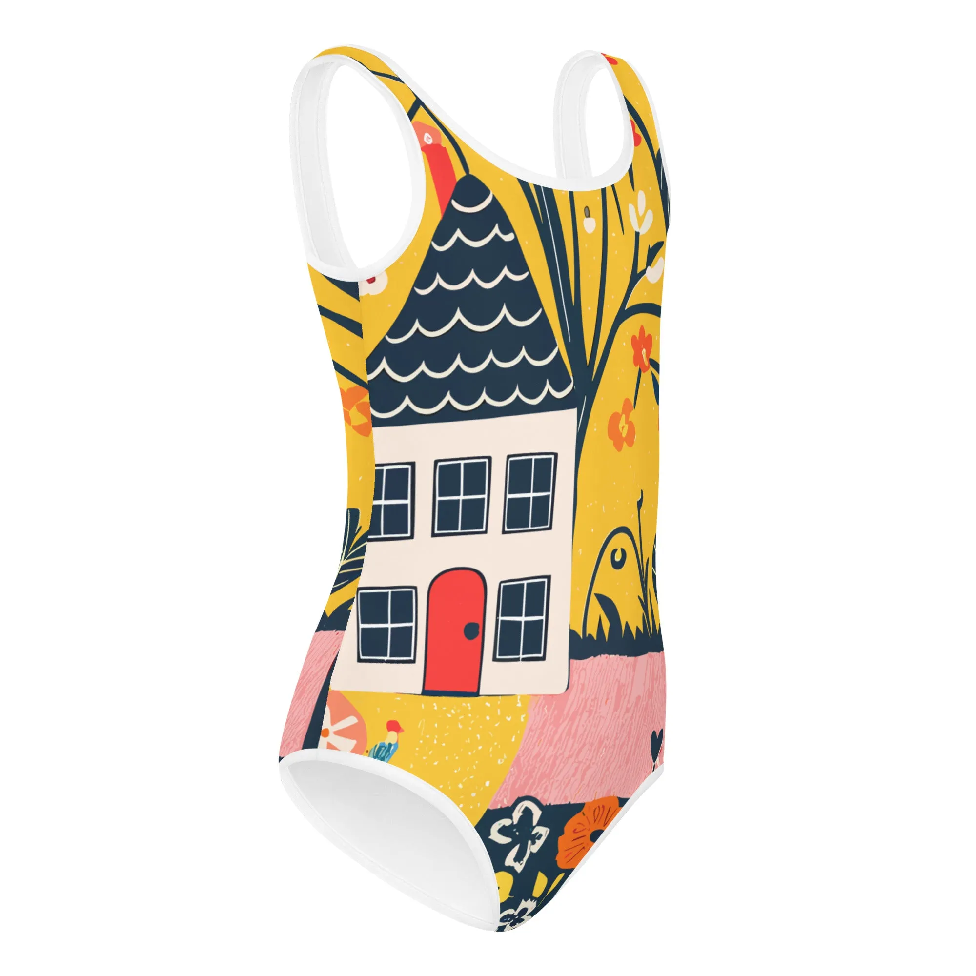 Vampire Art Kids Girls Happy House Retro Yellow Swimsuit