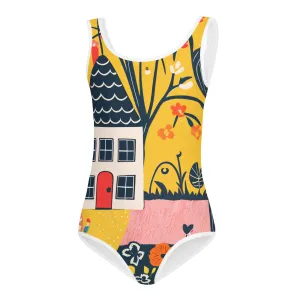 Vampire Art Kids Girls Happy House Retro Yellow Swimsuit