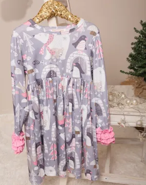 Winter Fun Girls Twirl Dresses - Grey Penguins & Polar Bears