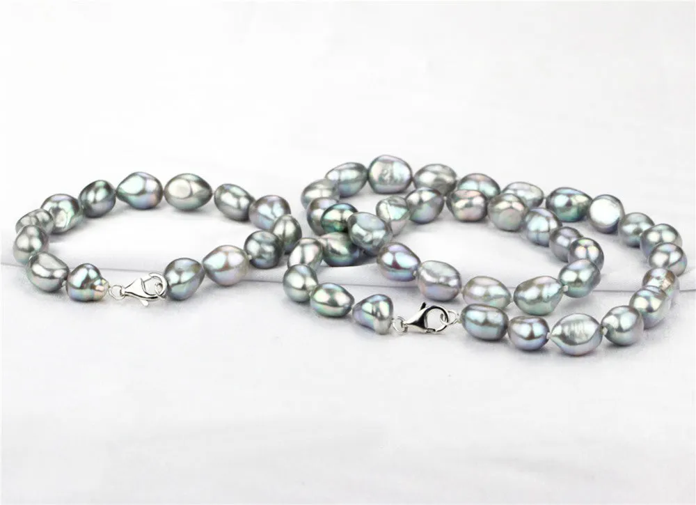 Women's 10-11mm Baroque Pearl Necklace Bracelet Earrings Set - Grey