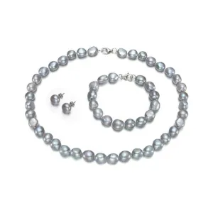 Women's 10-11mm Baroque Pearl Necklace Bracelet Earrings Set - Grey