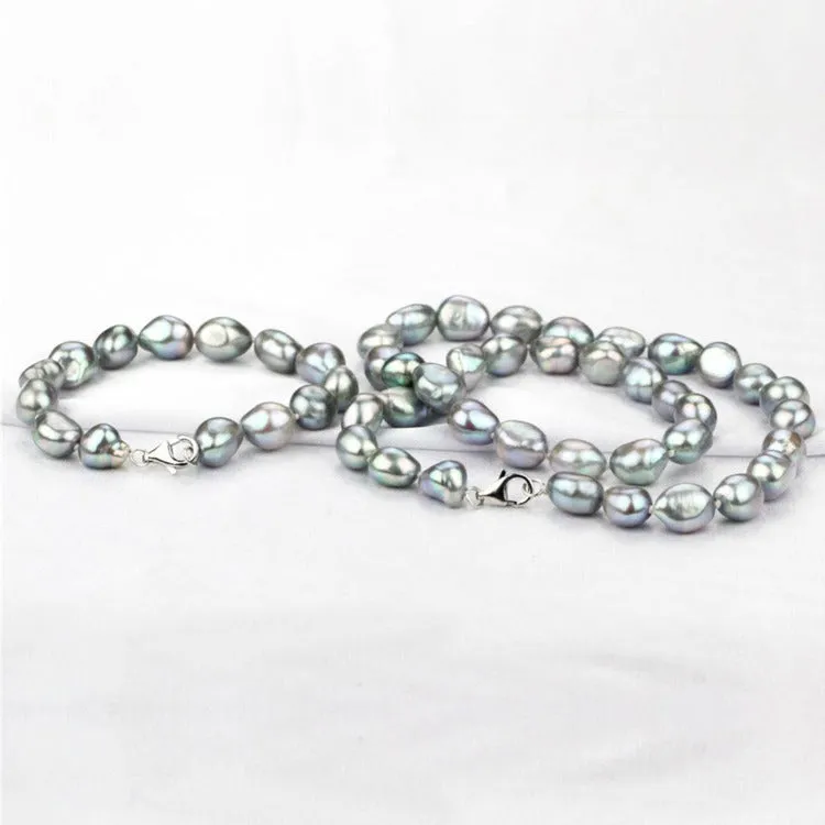 Women's 10-11mm Baroque Pearl Necklace Bracelet Earrings Set - Grey