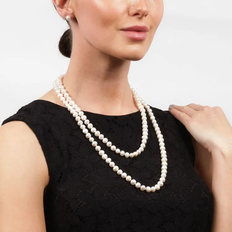 Womens Pearl Necklace Set 8-9mm White Freshwater Pearl Necklace 64In and Stud Earrings