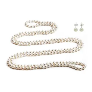 Womens Pearl Necklace Set 8-9mm White Freshwater Pearl Necklace 64In and Stud Earrings