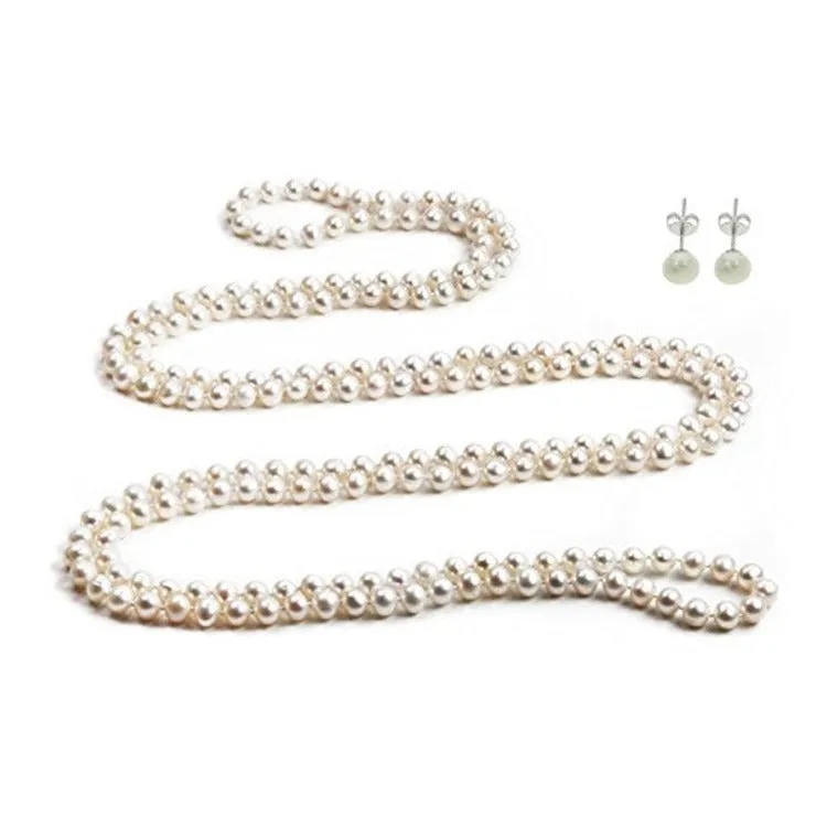 Womens Pearl Necklace Set 8-9mm White Freshwater Pearl Necklace 64In and Stud Earrings